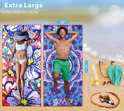 Microfiber Beach Towel with Bag Oversized 71x32 Sand Free 2 Pack (2 Pack Boho Flower Mandala / 71"x32")
