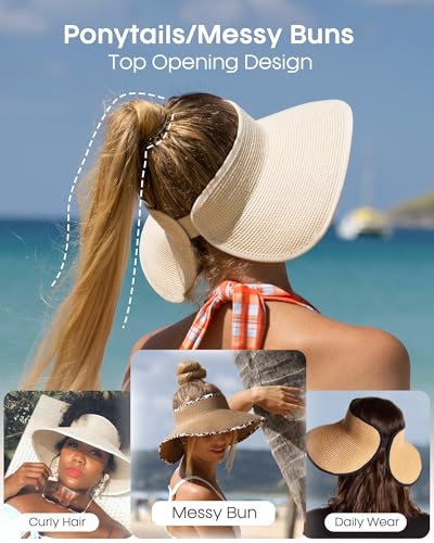 Womens Sun Hat with Ponytail Hole Wide Brim Beach Straw Visor Khaki (Medium / Khaki)