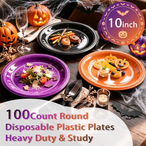100 Count 10 Inch Halloween Plastic Plates Colored Party Disposable Plates (Black/Orange/Purple / 100 Pcs)