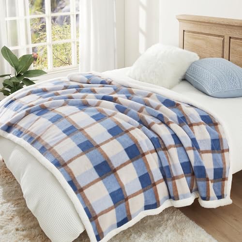 Super Soft Faux Rabbit Fur Sherpa Fleece Throw Blanket (Blue-plaid / 80"*90")