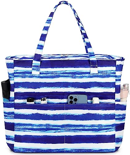 Waterproof Beach Tote Pool Bags for Women Ladies Extra Large Gym Tote Carry On Bag With Wet Compartment for Weekender Travel (Blue White Stripes)