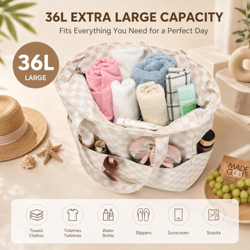 Beach Bag Waterproof Sandproof Women Beach Tote Pool Bag with Zipper for Gym Grocery Travel with Wet Pocket (Khaki White)