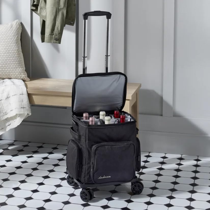6 Bottle Insulated Wine Bag with Rolling Cart (Black)
