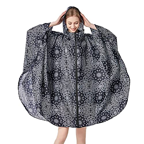 Waterproof Rain Poncho for Women Packable Hooded Raincoat with Pocket (Black Flower)