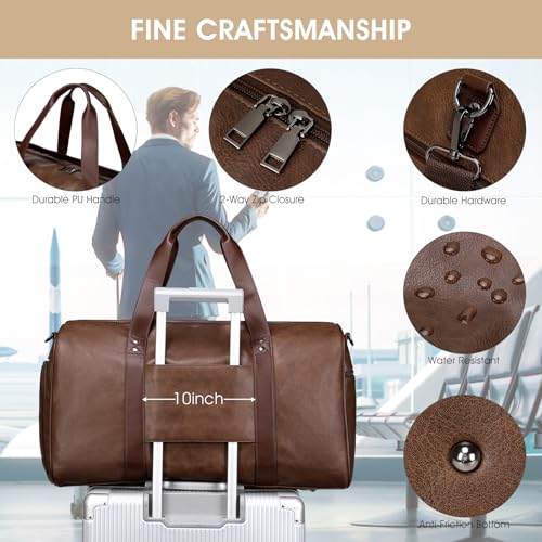 3PCS Faux Leather Weekender Bag for Women Men Travel Bag Overnight Bags (Coffee)
