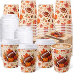 48 Sets 8 oz Fall Football Coffee Cups with Lids and Sleeves (Football)