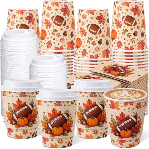 48 Sets 8 oz Fall Football Coffee Cups with Lids and Sleeves (Football)