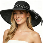 Wide Brim Sun Hat for Women Floppy Straw Hat Summer Beach Hats Fashionable Trendy Hats Sun Protection UPF 50+ (1 Pack With Polka Dot Bow: Black)