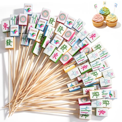 100 Pieces Mahjong Cocktail Picks Decorative Bamboo Cocktail Skewers 5.3 Inch Wooden Fruit Toothpicks for Game Night Appetizers Bar Drink Fruit Sandwich Buffets Party Supplies (Mahjong)