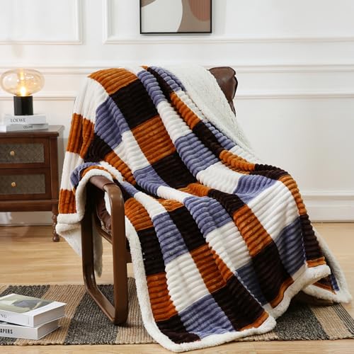 Sherpa Blanket Twin Plaid Thick Bed Blanket (Brown Orange Check / 60"*80")