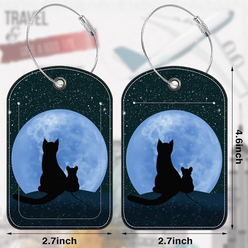 2 Pack Luggage Tag for Suitcase Cat Under the Moon Leather Suitcase Tags with Privacy Name ID Label and Stainless Steel Loop for Travel Bag (Cat Under the Moon)