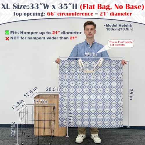 Canvas Laundry Bag with Handles & Drawstring (Geometry Blue,1pc XL / XL 33"W x 35"H┃1 Pack)
