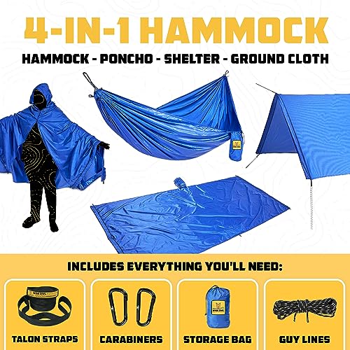 4-in-1 Camping Hammock – 400lbs Portable Hammock, Poncho, Ground Cloth, or Shelter Tarp – Backpacking, Hiking, Outdoor Camping Gear