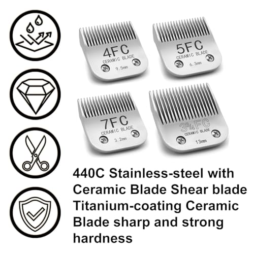 3FC/4FC/5FC/7FC Silver Detachable Clipper Ceramic Blades, Dog Grooming Clipper Replacement Blades Compatible with KM Series Clippers, Most A5, Size-3FC/4FC/5FC/7FC, Cut Length 3.2mm to 13mm, 4 Packs