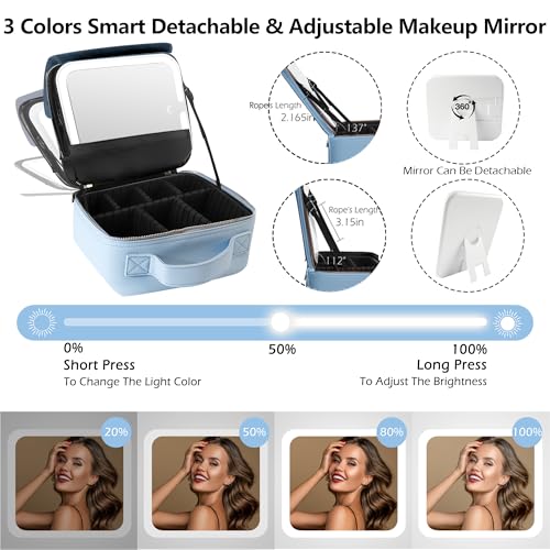 Travel Makeup Bag Cosmetic Bag Makeup Organizer Bag with Lighted Mirror (Azure Blue / Woven)