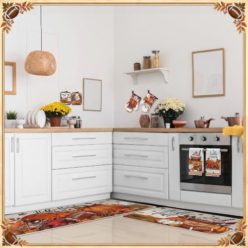 10 Pcs Fall Pumpkin Kitchen Decor Set Kitchen Towels Pot Holders Oven Mitts and Rugs Set Thanksgiving Towels for Baking Cooking BBQ Autumn Home (Dark Orange / Football)