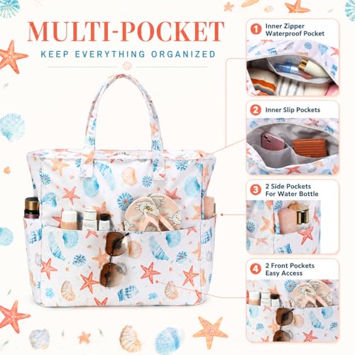 Beach Bag Waterproof Sandproof Women Beach Tote Pool Bag with Zipper for Gym Grocery Travel with Wet Pocket (Beige)