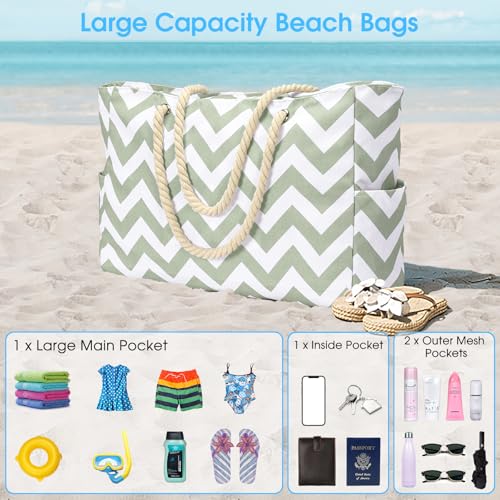 Beach Bags for Women Large Waterproof Beach Tote Bag Zipper Beach Bags Waterproof Sandproof Swim Pool Bag Large Tote (Light Green Wave)