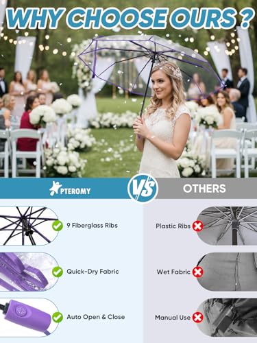 Windproof Travel Umbrellas for Rain and Sun (Clear-Purple / 2 PK)