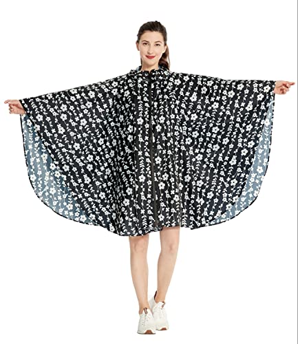Rain Poncho Jacket Coat Hooded Zipper Style for Women (One Size / Black/White Flower)