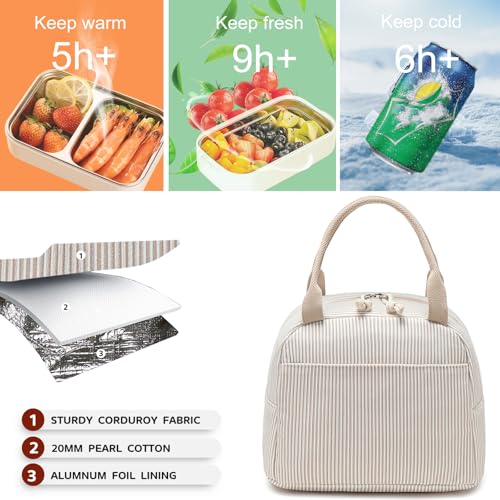 Lunch Bag for Women Men Cute Corduroy Lunch Tote Bags Reusable Insulated Lunch Box Large Capacity Reusable Insulated Cooler for Work Picnic or Travel (Corduroy Khaki-white stripes / 10L)