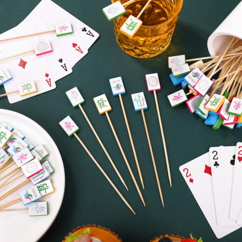 100 Pieces Mahjong Cocktail Picks Decorative Bamboo Cocktail Skewers 5.3 Inch Wooden Fruit Toothpicks for Game Night Appetizers Bar Drink Fruit Sandwich Buffets Party Supplies (Mahjong)