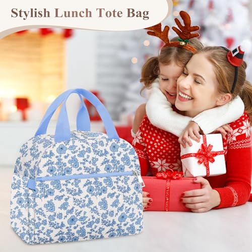 Lunch Bag Lunch Box for Women (B-B-Corduroy Blue Flower / Medium - 10L)