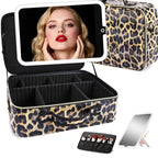 Large Travel Makeup Bag with LED Detachable Mirror (Leopard / Removable Mirror)