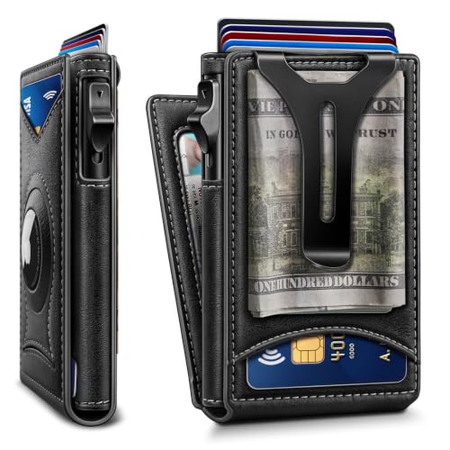 Men Slim Magnetic Leather Airtag Wallet Metal Case Money Clip (Black8797)