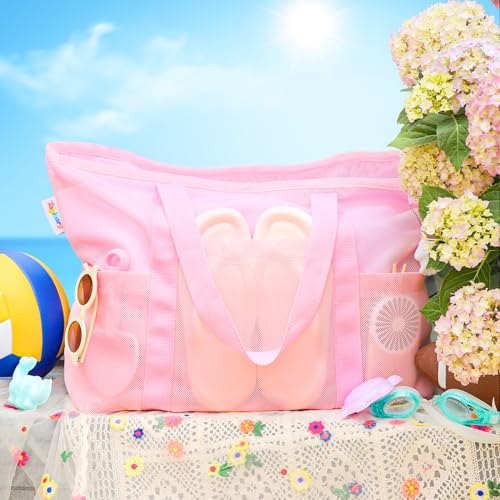 Mesh Beach Bag with Zipper (Pink)