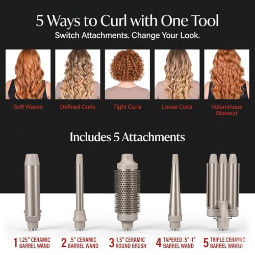 5-in-1 Curling Wand Set, Interchangeable 0.5" - 1.25" Barrels (0.5" to 1.25")