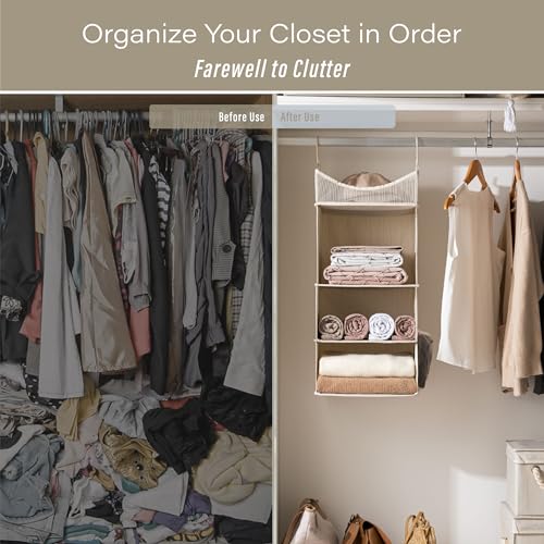 3 Shelf Hanging Closet Organizer with Half Compartment (Ivory White / 12 ¾”W x 12 ¾”D x 32”H)