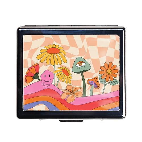 Silver Vintage Pill Box 7 Day Metal Pill Box with Mirror and 8 Compartments Cute Travel Pill Organizer for Purse (Rainbow Flowers)