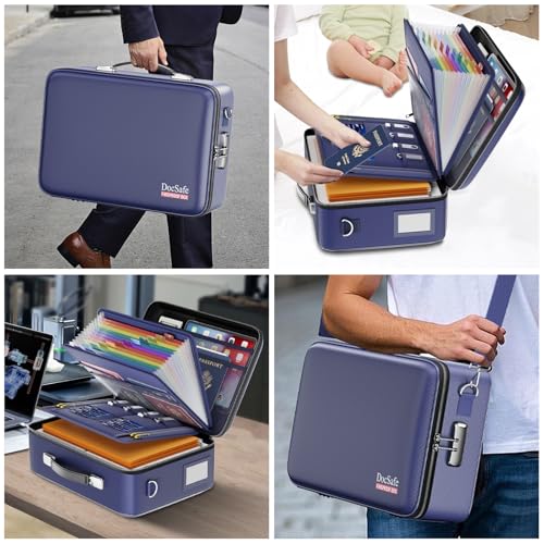 Fireproof Document Box Hard Case with Lock ＆ Accordion File Folder (15.2" x 11.2" x 5.3"(colorful) / Blue)