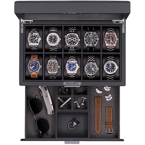 10 Slot Watch Box in Leather with Valet Drawer (Carbon)