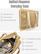 100% Cotton Quilted Tote Bag For Women (Gamboge Cherry Block Print)