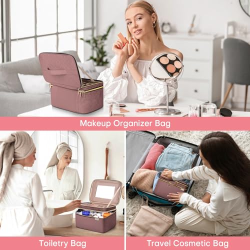 Large Makeup Bag with Mirror Double Layer Travel Make Up Organizer Case (Rosewood)