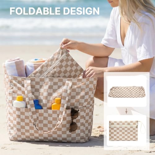 Beach Bag Waterproof Sandproof Large Capacity Foldable for Women (Brown Checkered / 35L)