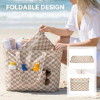 Beach Bag Waterproof Sandproof Large Capacity Foldable for Women (Brown Checkered / 35L)