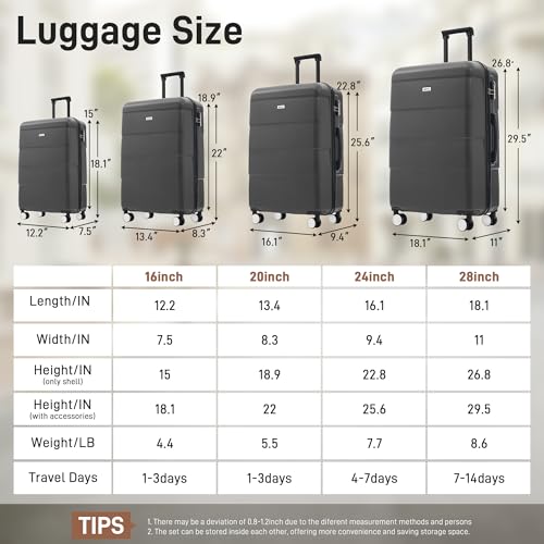 Luggage Set 6 Piece Carry on Hardcase Suitcase with Travel Bags (3-piece Set(20/24/28) / Charcoal+16IN&Bags)