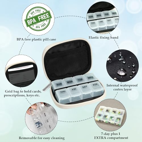 Weekly Travel Pill Organizer Cute Pill Case with 7 Day Pill Box (2 Cases + 2 Boxes / C. Black 02 + Bloom 01)