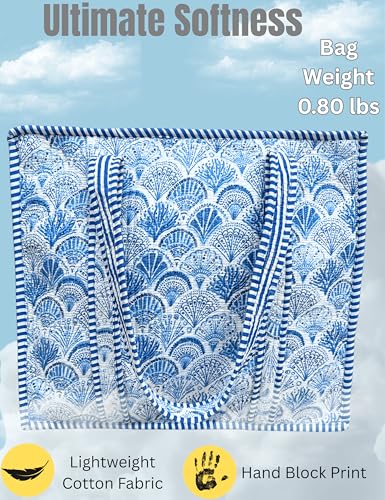 100% Cotton Quilted Tote Bag For Women (Filigree Summer Blue Block Print)