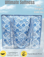 100% Cotton Quilted Tote Bag For Women (Filigree Summer Blue Block Print)