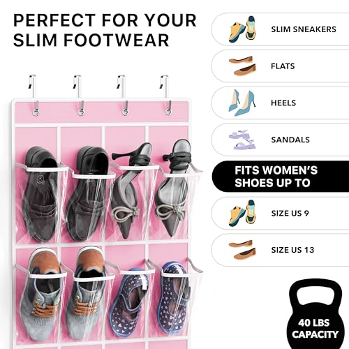 24 Pockets Clear Over the Door Shoe Organizer (Large Pockets / Pink)