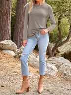 Long Sleeve Shirts for Women Casual Crewneck Tops Basic Tees (Large / 01khaki)