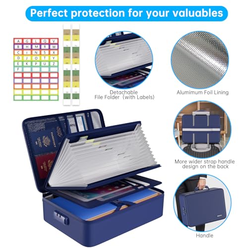 Fireproof Document Organizer Bag with Lock ＆ Accordion File Folder (Blue / 15.1" x 11.2" x 4.3")