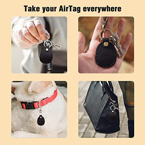 Genuine Leather AirTag Holder Compatible with Apple AirTag 2nd Gen & 1st Gen (Black)