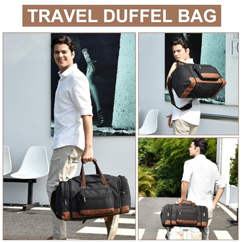 50L Canvas Duffle Bag for Travel Weekender Gym Overnight Carry (Black / 50L)