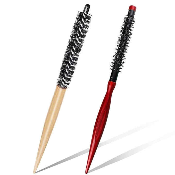 2 Styles Small Round Brush, Wooden Mini Hair Brush Roller Quiff Hair Combs, Mustache Brush, Travel Nylon Hairdressing Brushes Styling Volume Hairbrush for Curling, Short, Thin Hair