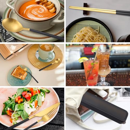 6 Pieces Stainless Steel Flatware Set Portable Reusable Cutlery Set Travel Utensils Set Including Chopsticks Knife Fork Spoon Straws Cleaning Brush Dishwasher Safe (B-Black golden)